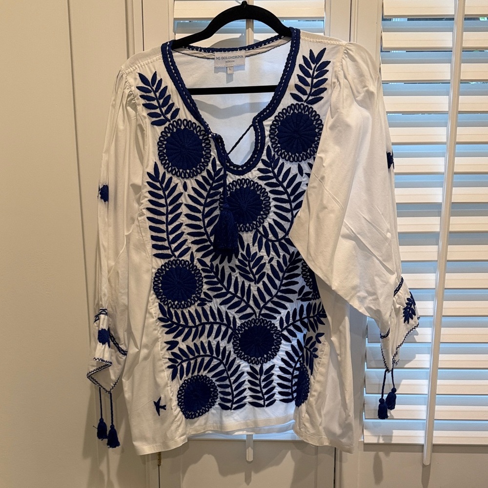Mi Golondrina White Blouse with Blue Embroidery